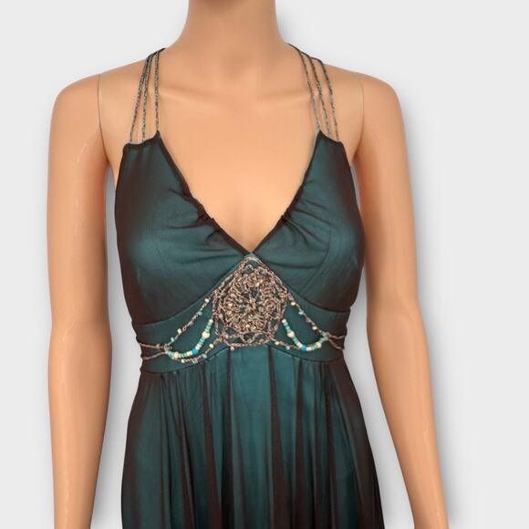 Fairycore Y2K Beaded Crochet Mesh Overlay Handkerchief Hem Midi Dress Size 6 - Picture 2 of 16